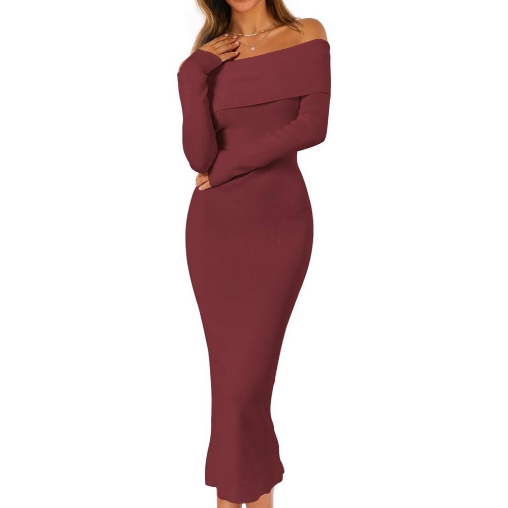 Women's Off Shoulder Bodycon Sweater Dress Long Sleeve Party Midi Dress Burgundy